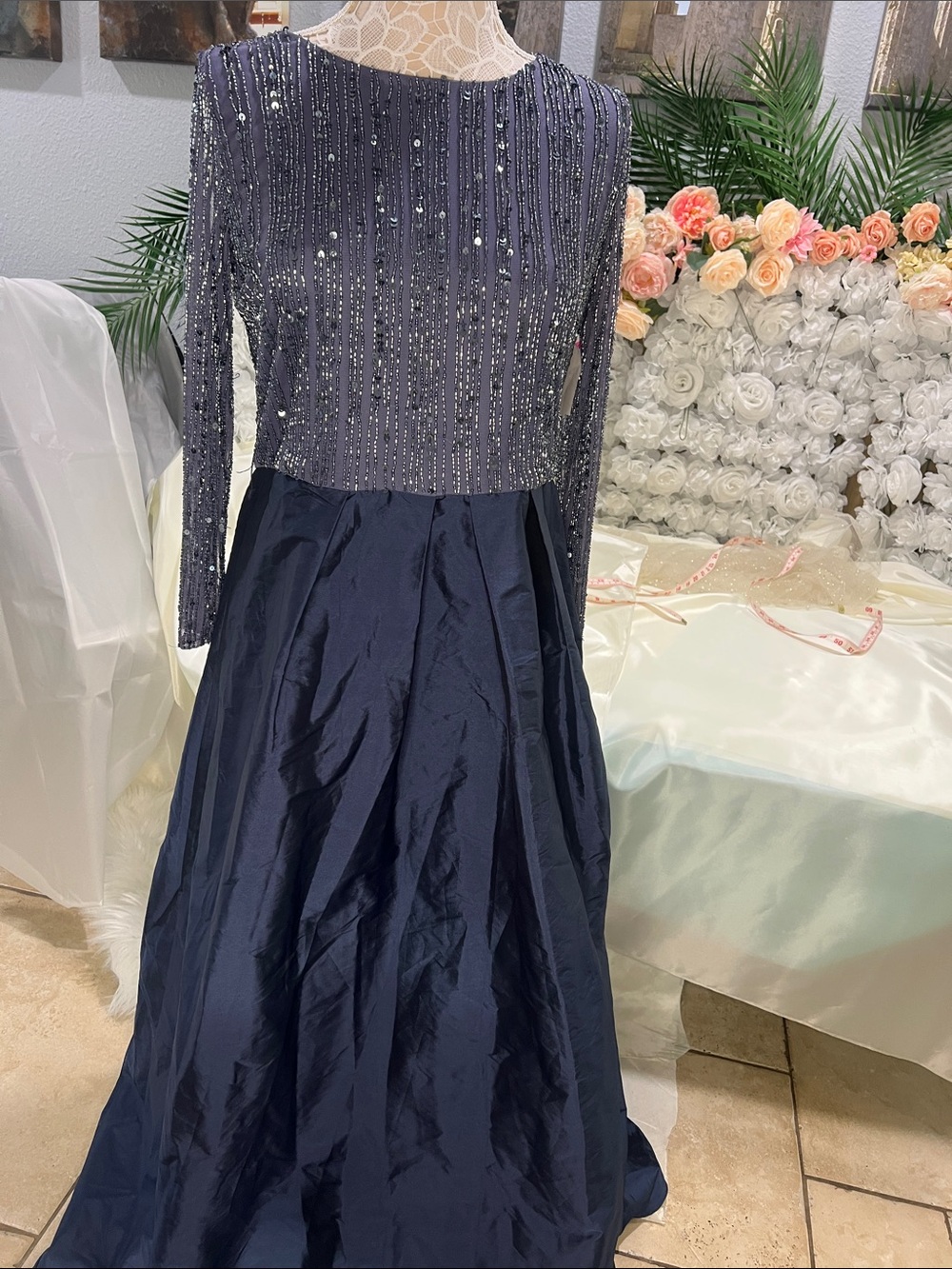Pisarro Nights Navy Beaded Long-Sleeve Gown